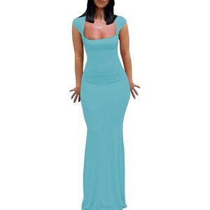 Women Blue 2 Sleeve Square Neck Elegant Bodycon Evening Party Long Maxi Dress